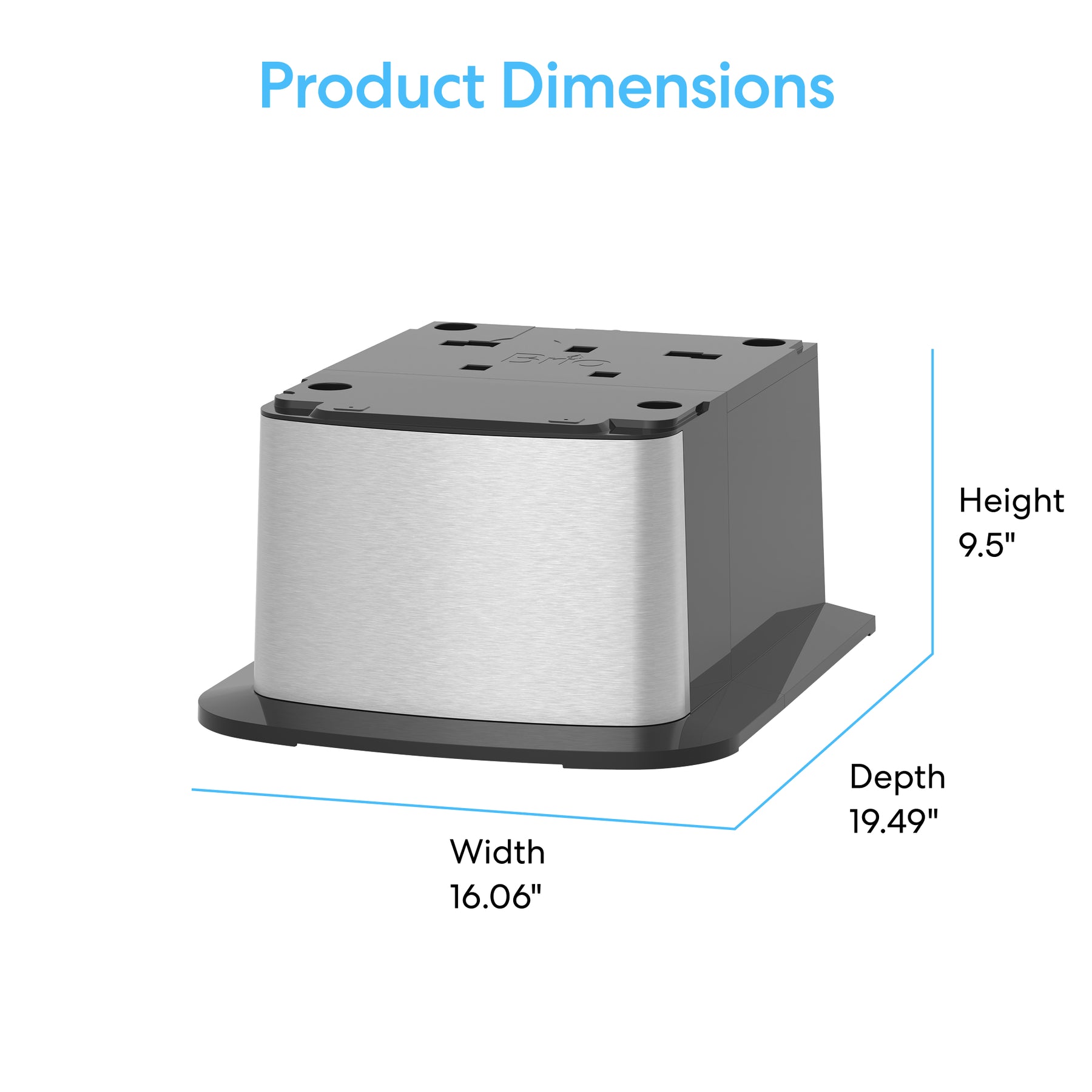 A Cooler Base for 420 & 520 Series Icemaker Dispensers is shown in stainless steel with black accents. Labeled dimensions: width 16.06", depth 19.49", height 9.5". "Product Dimensions" appears at the top in blue text.