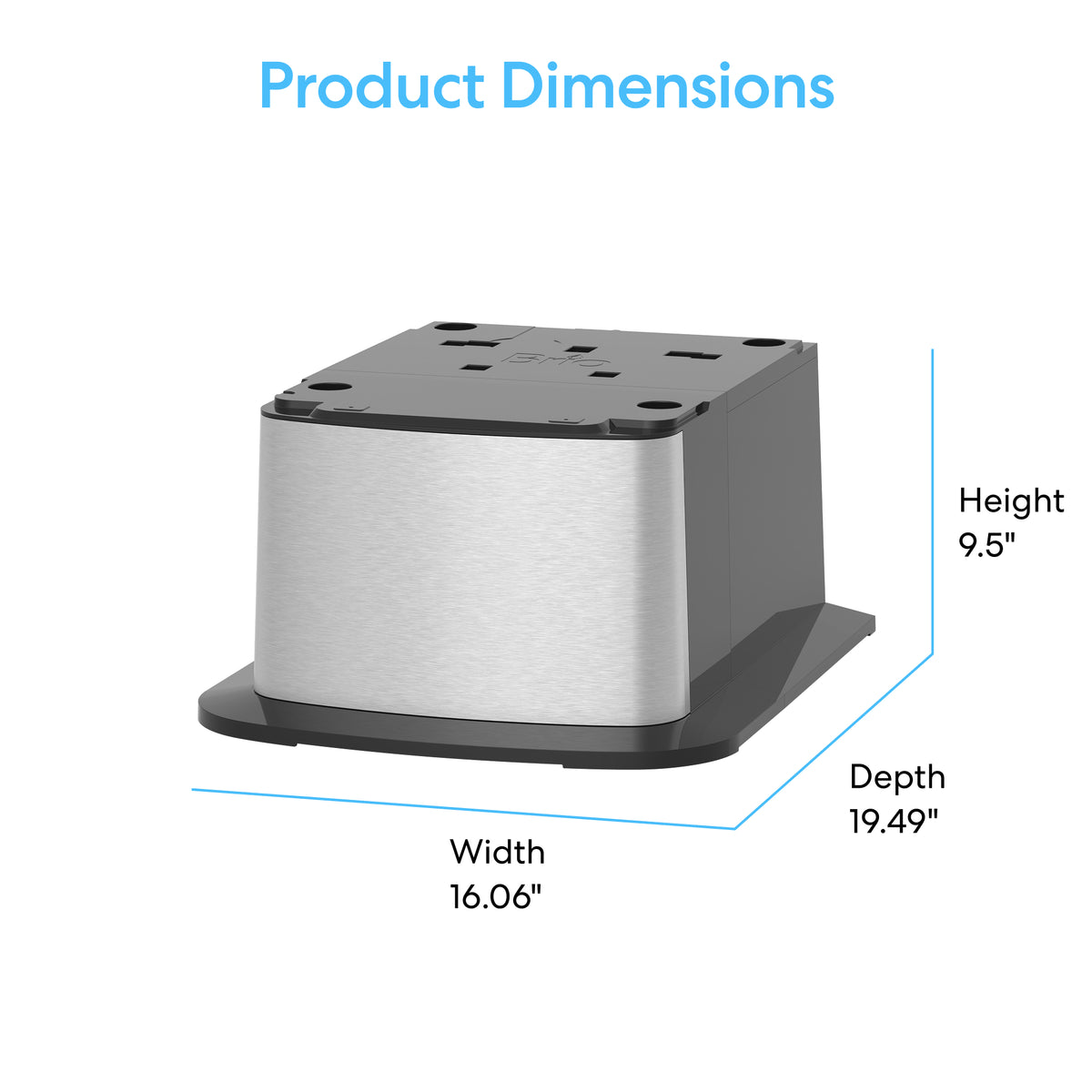 A Cooler Base for 420 & 520 Series Icemaker Dispensers is shown in stainless steel with black accents. Labeled dimensions: width 16.06", depth 19.49", height 9.5". "Product Dimensions" appears at the top in blue text.