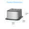 A Cooler Base for 420 & 520 Series Icemaker Dispensers is shown in stainless steel with black accents. Labeled dimensions: width 16.06", depth 19.49", height 9.5". "Product Dimensions" appears at the top in blue text.