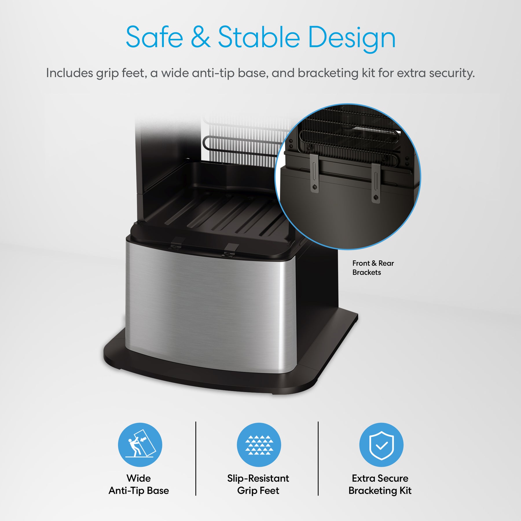 The Brio Water Cooler Base – 530 Series features a sleek metallic design, wide anti-tip base, slip-resistant grip feet, and front/rear brackets for added security—each safety feature shown in a close-up circle with descriptive icons.