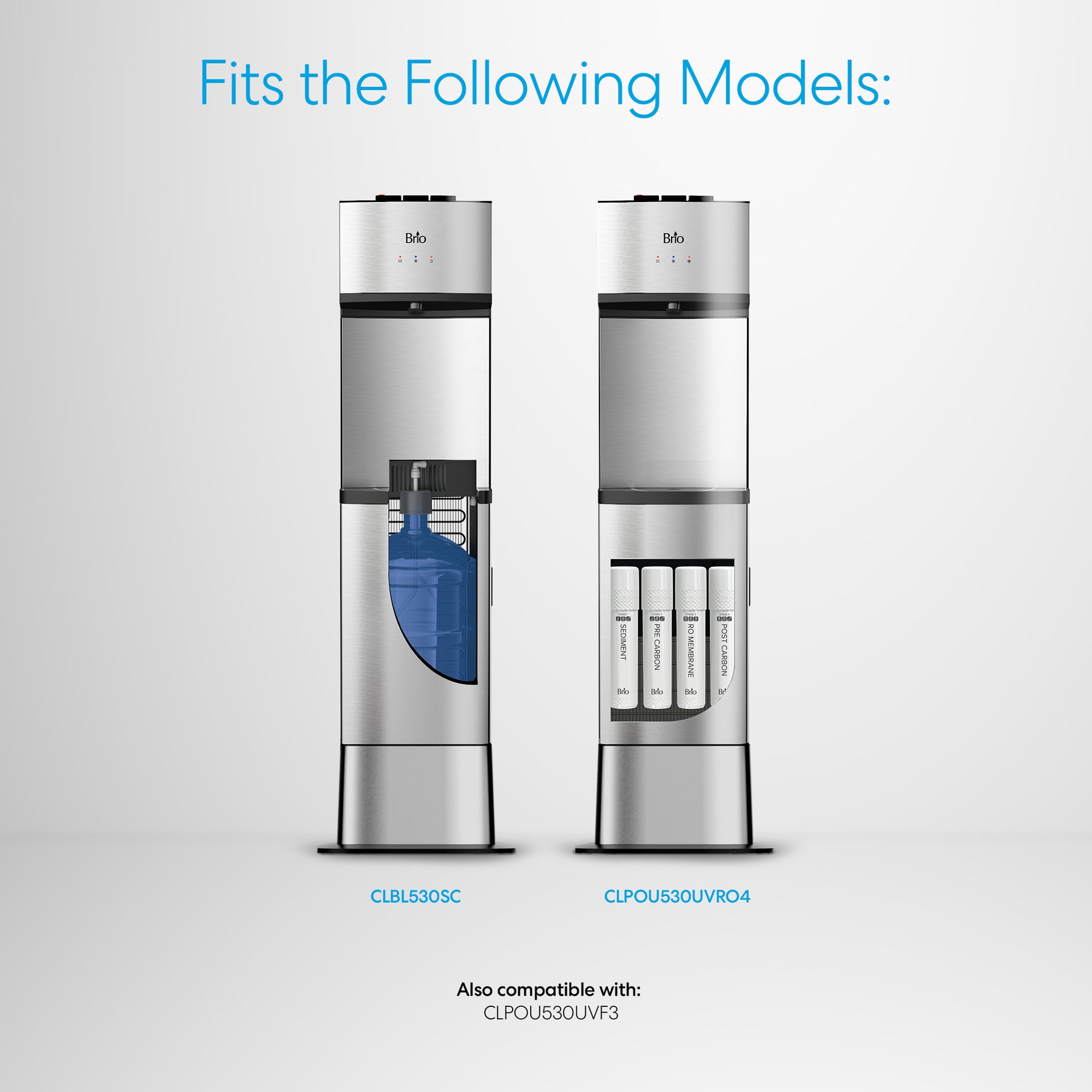 Two Brio Water Cooler Base - 530 Series dispensers are shown: the left with a water jug, the right with four filters. Models CLBL530SC and CLPOU530UVRO4 displayed. Compatible with all 530 Series Bottled & Bottleless Water Coolers.