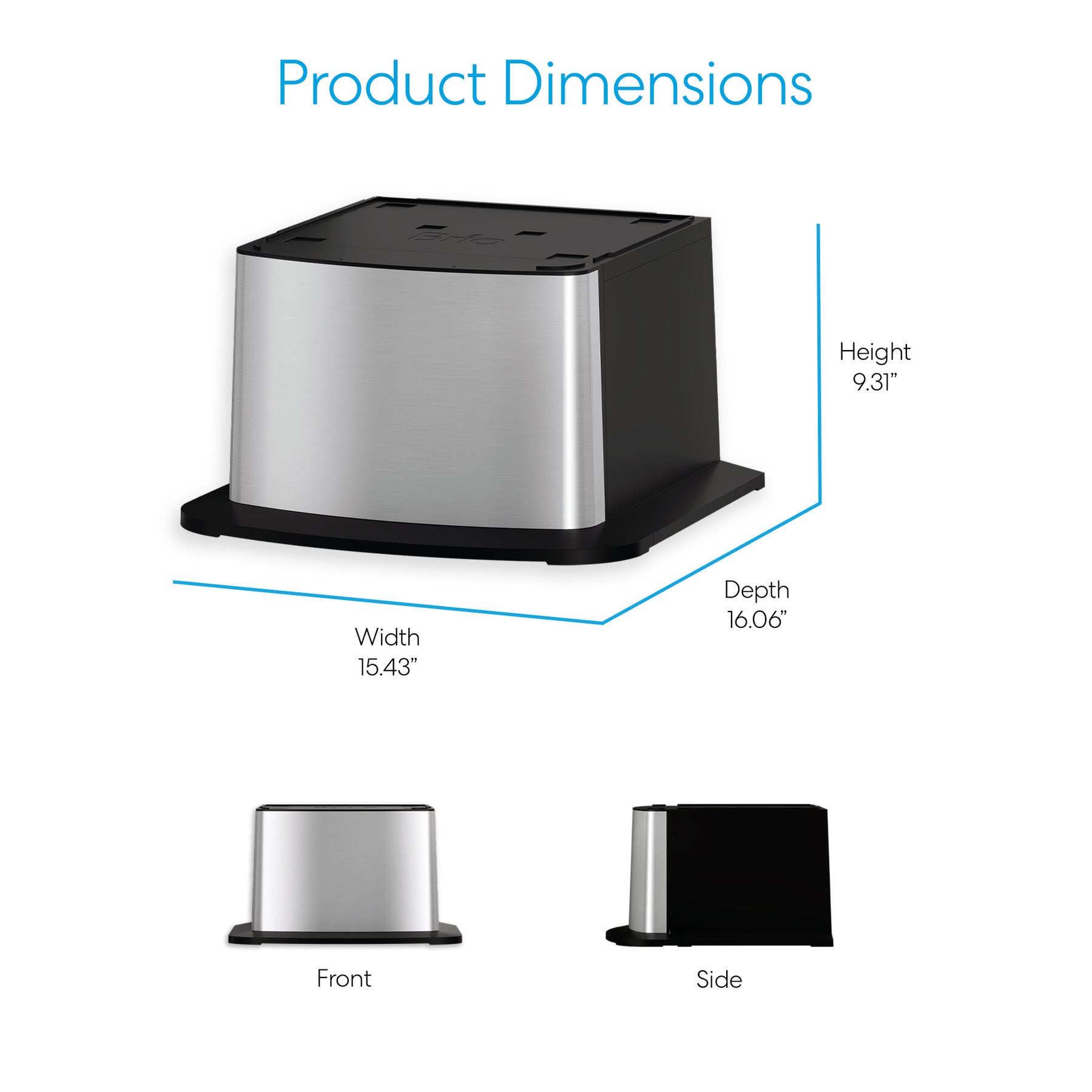 The Brio Water Cooler Base - 530 Series Bottled & Bottleless Water Cooler with a black top is shown. Dimensions: height 9.31", width 15.43", depth 16.06". Images show front, side views and product dimensions.