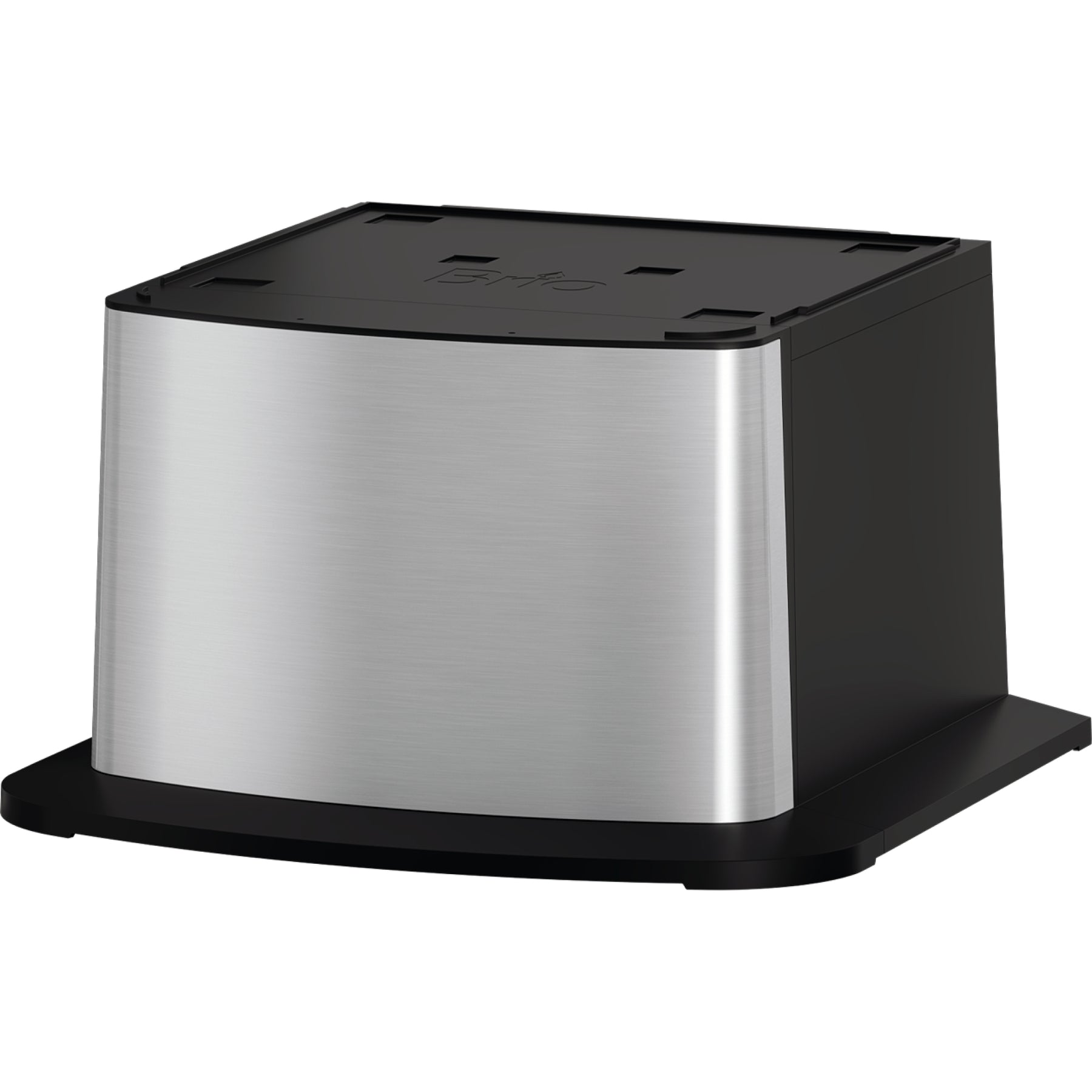 Front view of cooler base for Brio 530 Series water dispensers, stainless steel on a white background.
