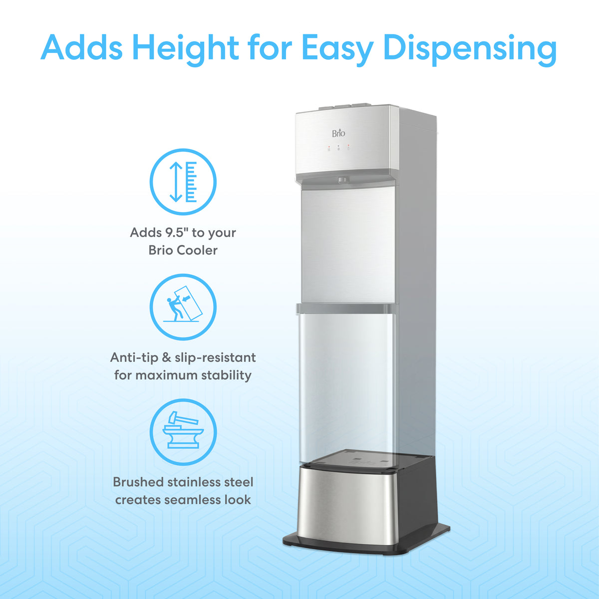 The Water Cooler Base – 530 Series elevates your bottled or bottleless water cooler by 9.5 inches for easy dispensing, featuring an anti-tip, slip-resistant build and sleek brushed stainless steel finish. Blue accents show features clearly.