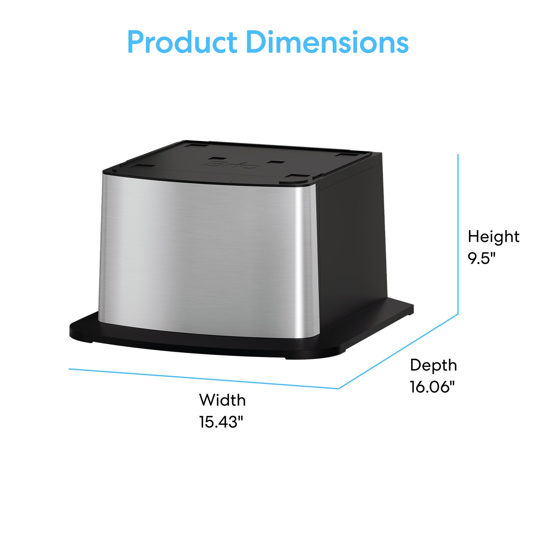 A Brio Water Cooler Base - 530 Series Bottled & Bottleless Water Cooler in stainless steel and black is shown with labeled dimensions: width 15.43", height 9.5", depth 16.06". "Product Dimensions" appears above the appliance.