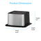 A metallic rectangular appliance with black accents is shown, labeled "Product Dimensions" at the top: 15.43" W x 16.06" D x 9.5" H. Compatible as a base for Brio Water Cooler Base – 530 Series Bottled & Bottleless Water Cooler.