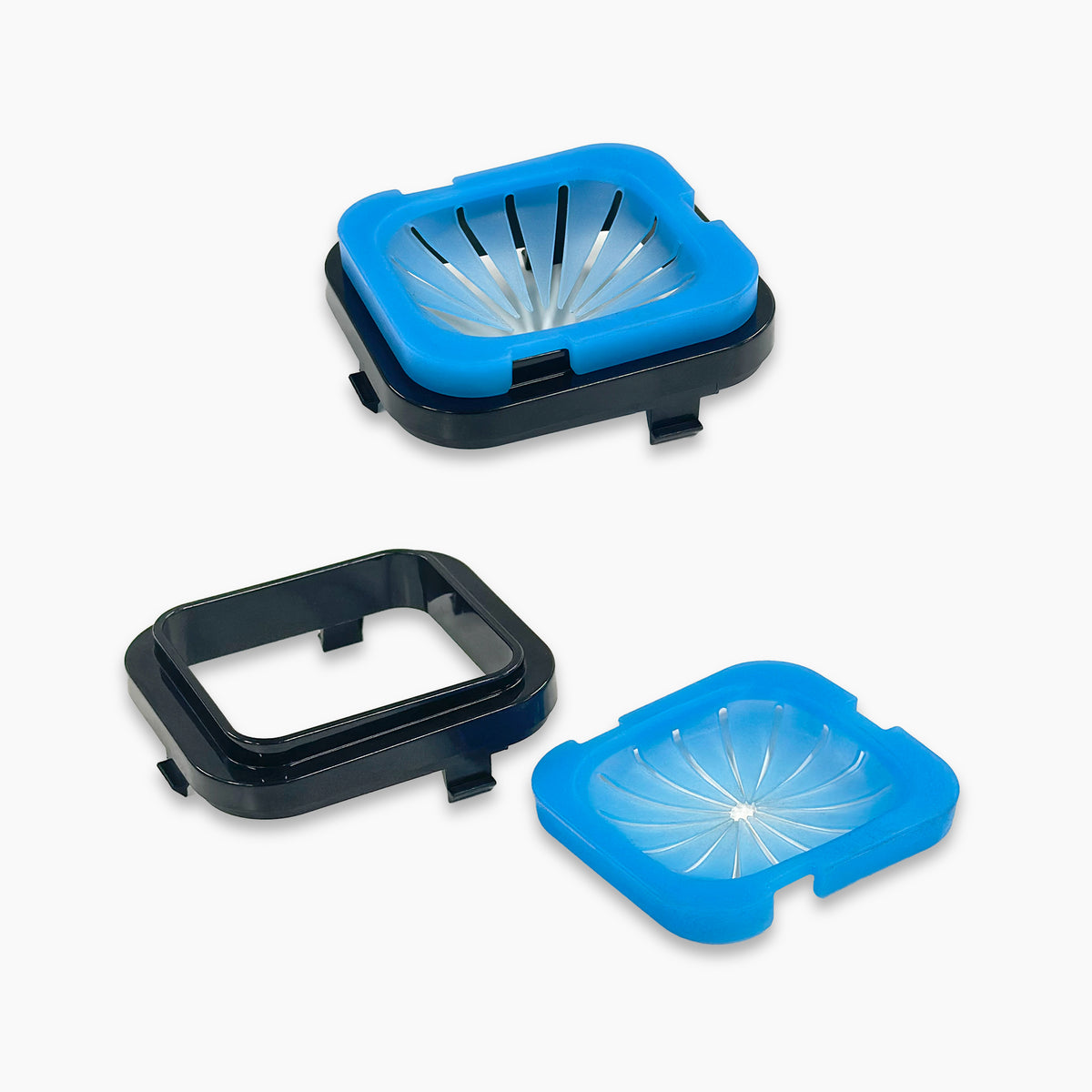 Three square plastic "Ice Cooler Dispensing Area Parts"—models CLPOU720UVRO4IC and CLPOU720UVF3IC (blue, black) slicers with radial blades, plus one CLBL720SCIC black frame—are displayed on a white background.