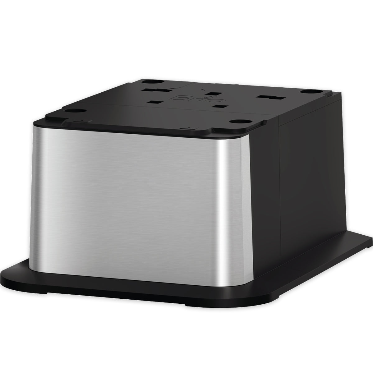 A modern, rectangular stainless steel and black power outlet tower from the Brio Moderna + ICE Series pairs seamlessly with your Water Cooler Base - 720 Series Ice Maker Bottled & Bottleless Water Cooler for a sleek, efficient workspace.