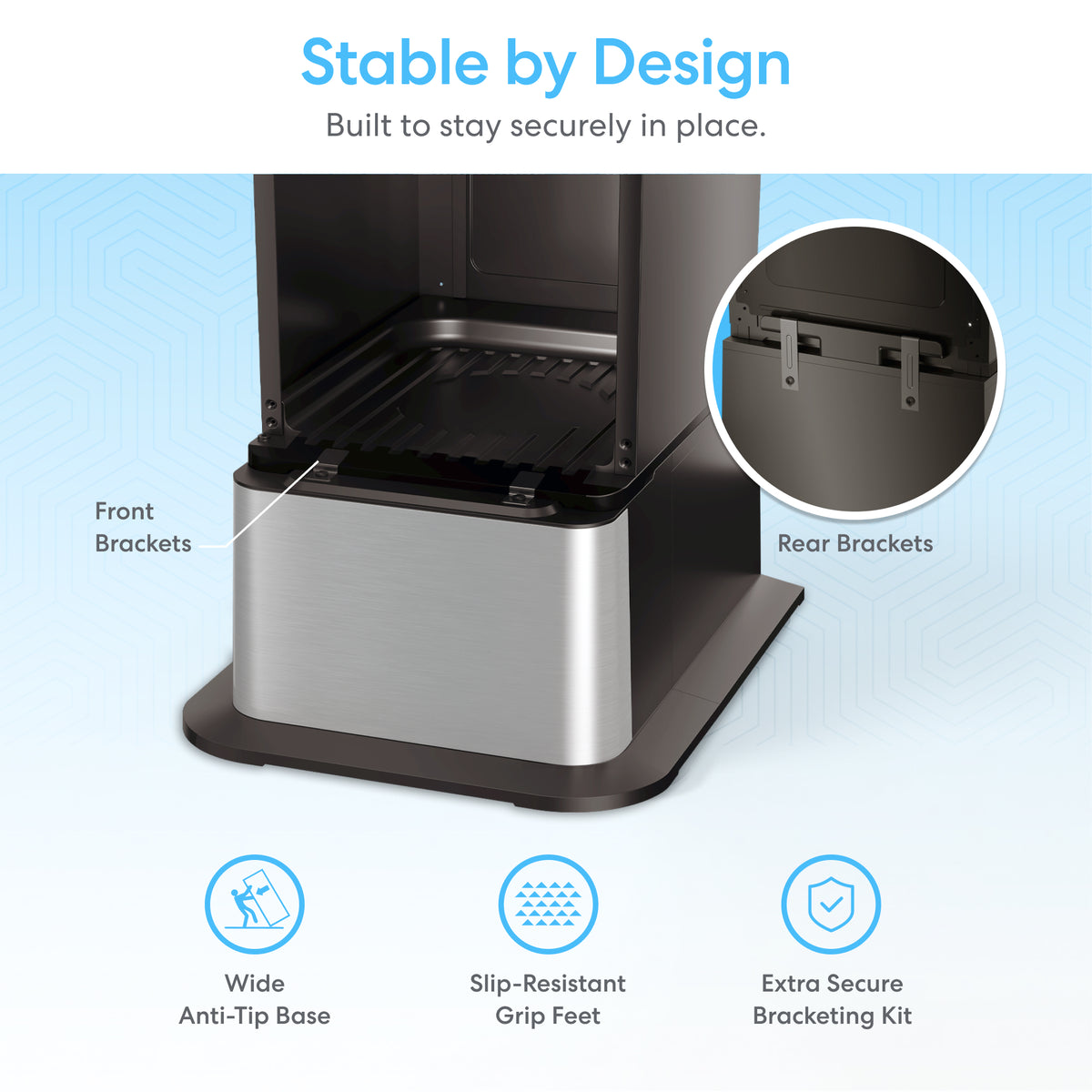 The Water Cooler Base - 720 Series Ice Maker Bottled & Bottleless Water Cooler features labeled front and rear brackets, a wide anti-tip base, slip-resistant grip feet, and an extra secure Brio Base bracketing kit. Stable by Design—built to stay securely in place.