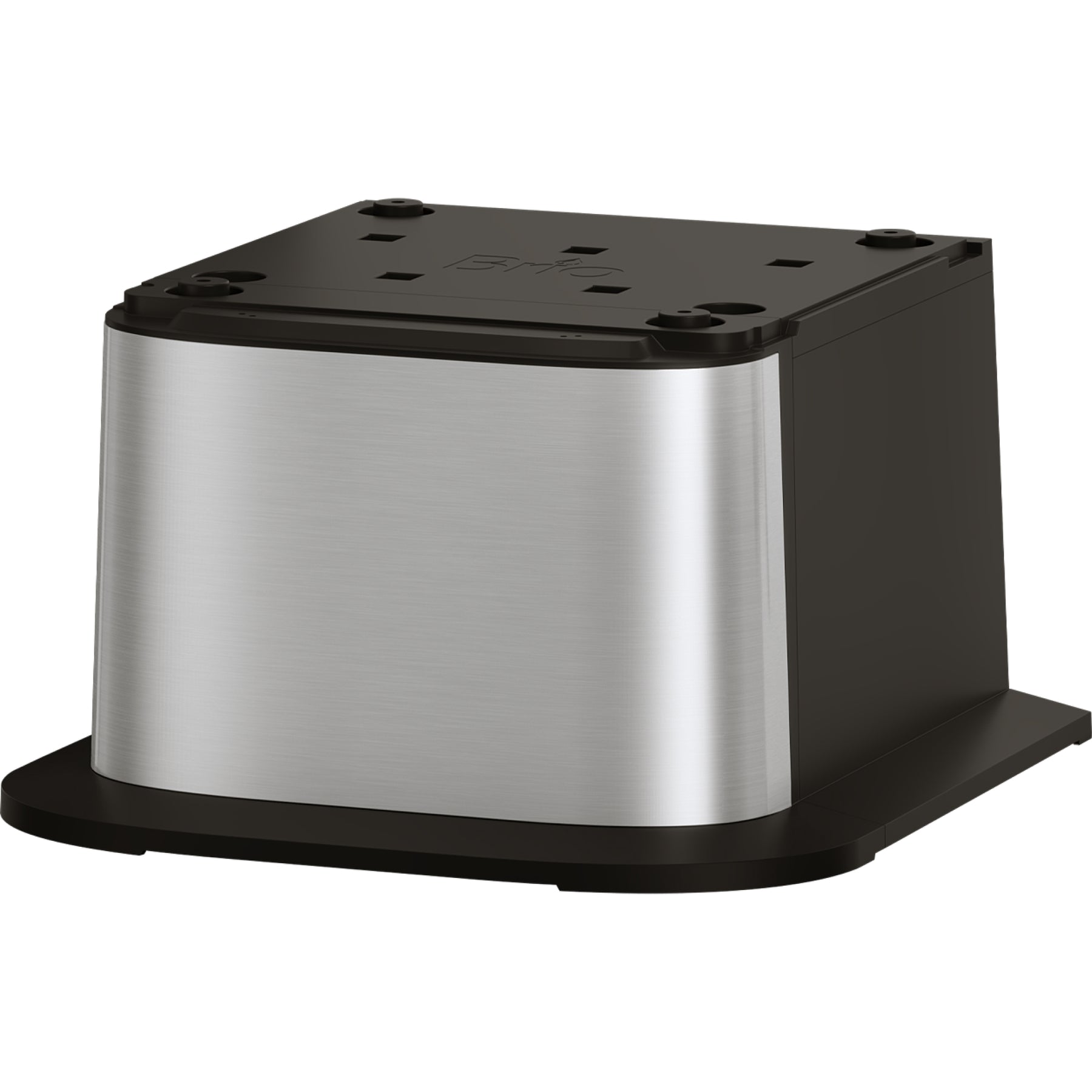 Stainless steel front of a cooler base for Brio 730 series bottled and bottleless water dispensers on a black background.