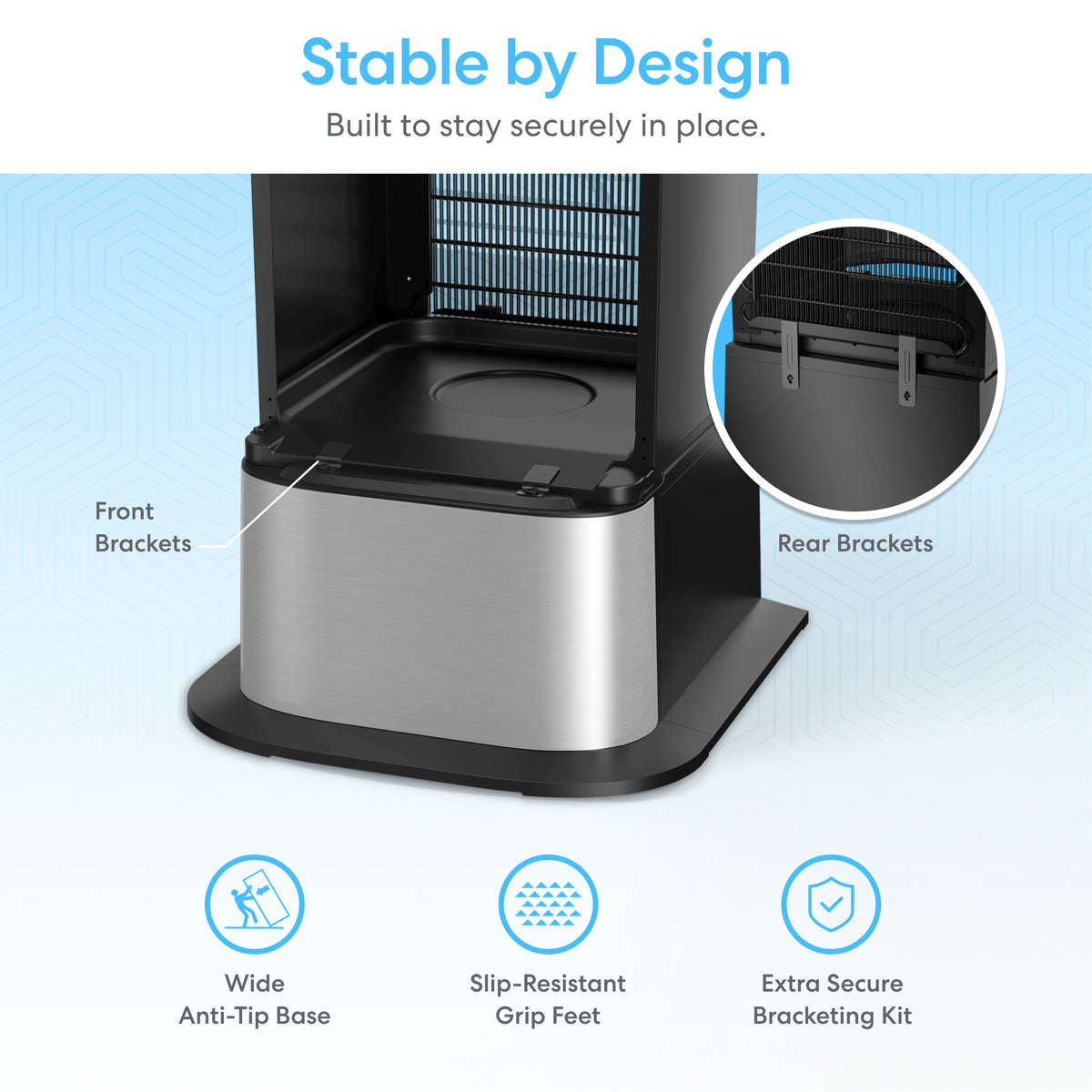 Close-up of the Water Cooler Base - 730 Series Bottled & Bottleless Water Cooler, showing front and rear brackets. Icons highlight its wide anti-tip base, slip-resistant grip feet, and extra secure bracketing kit. Text: Stable by Design.
