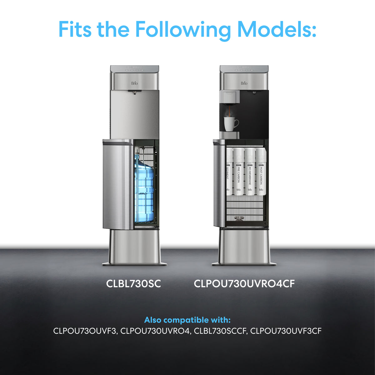 Two silver Water Cooler Base - 730 Series Bottled & Bottleless Water Coolers, labeled CLBL730SC and CLPOU730UVRO4CF, are displayed side by side. Above them, a blue "Fits the Following Models" title lists compatible water cooler stand options.