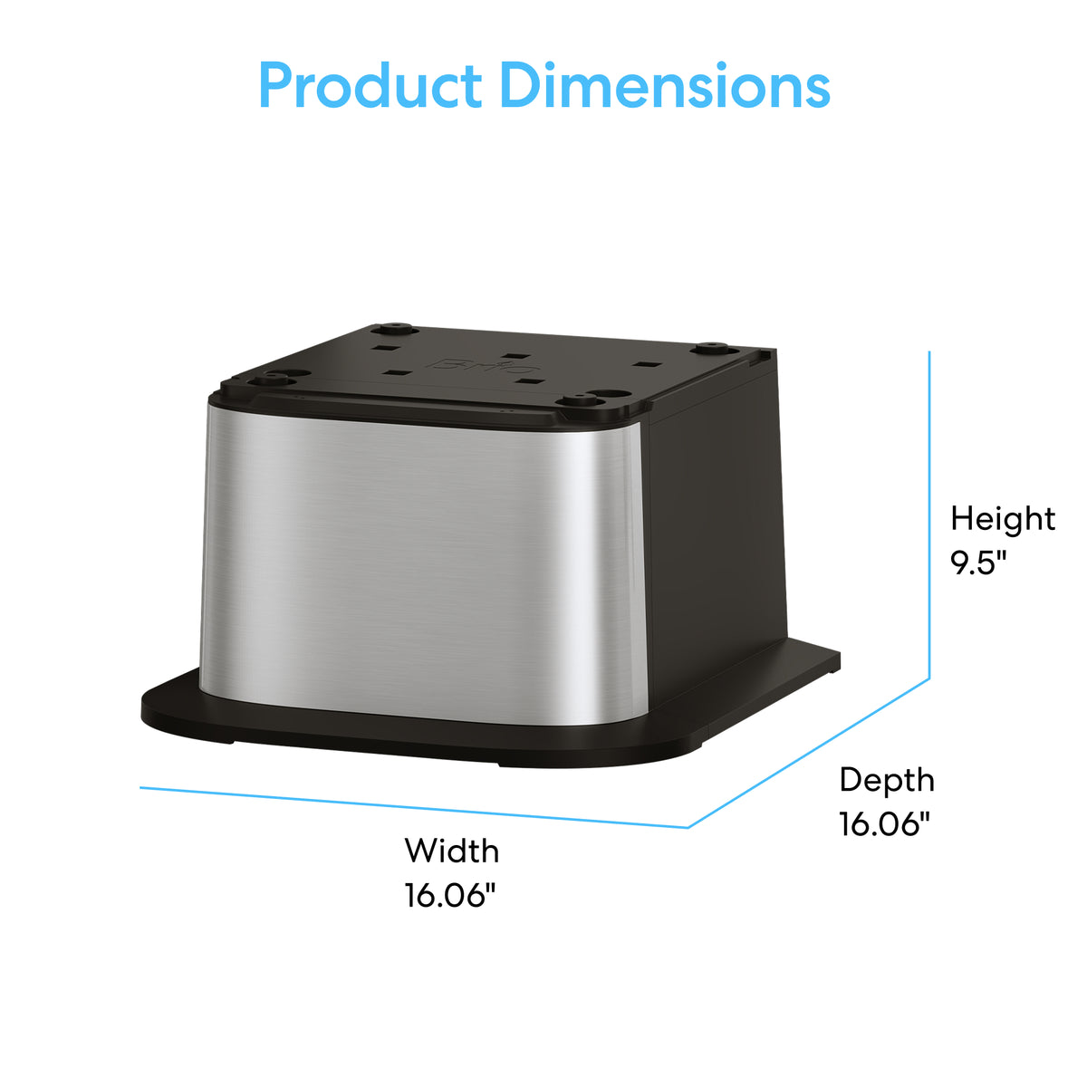 A square, metallic Water Cooler Base - 730 Series Bottled & Bottleless Water Cooler with a black top is shown. Dimensions: height 9.5”, width 16.06”, depth 16.06”. "Product Dimensions" appears at the top.
