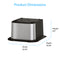A square, metallic Water Cooler Base - 730 Series Bottled & Bottleless Water Cooler with a black top is shown. Dimensions: height 9.5”, width 16.06”, depth 16.06”. "Product Dimensions" appears at the top.