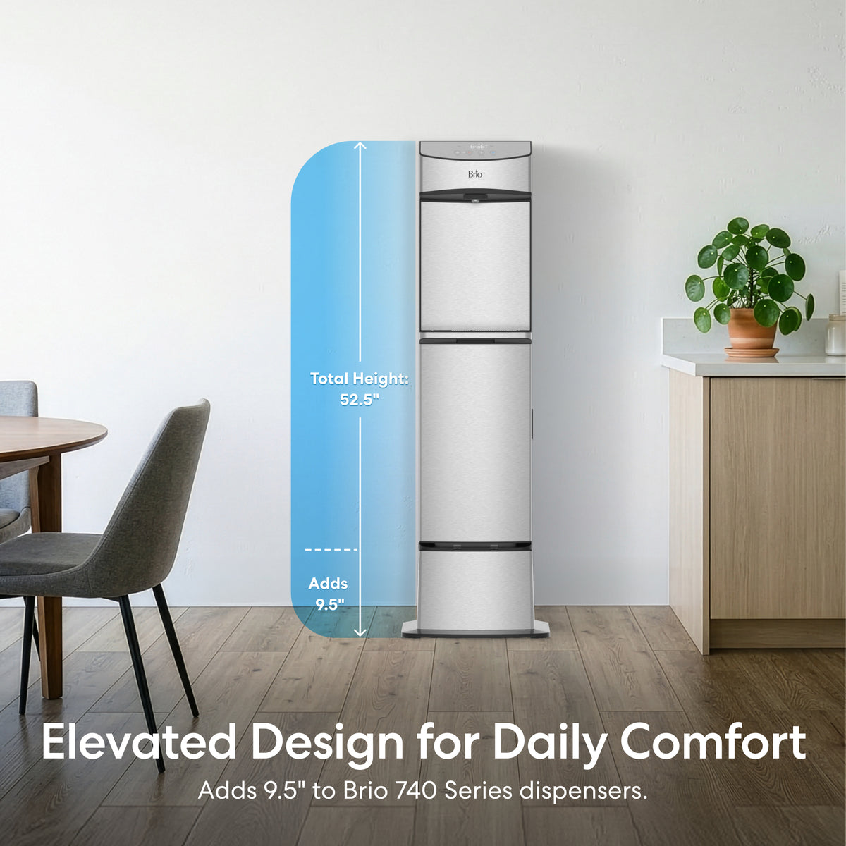 A Brio 740 Series Water Dispenser Cooler Base stands by a table and plant. A graphic shows its new total height of 52.5 inches, with a 9.5-inch boost for added daily comfort.