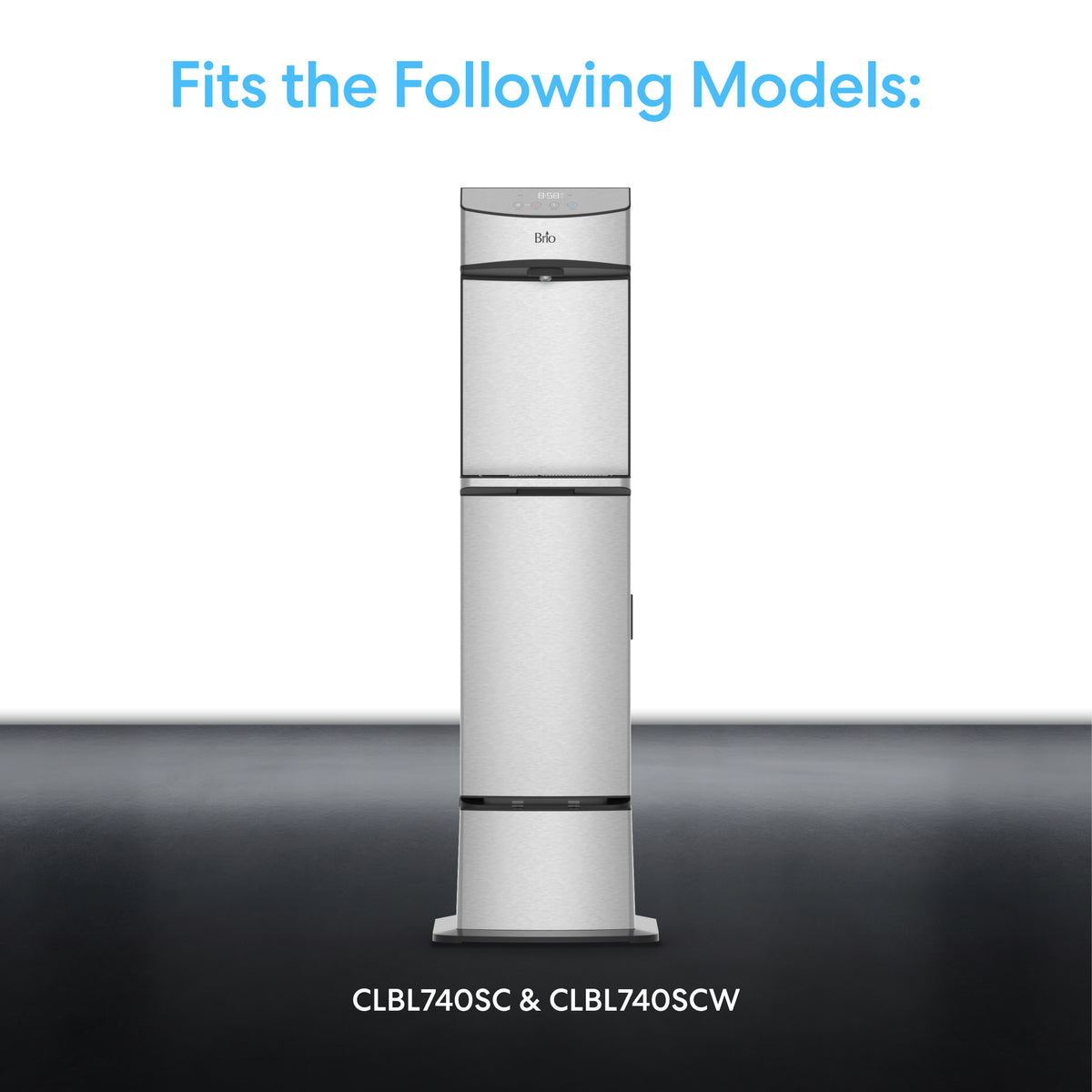 A tall, silver Water Dispenser Cooler Base - 740 Series is shown on a plain background with “Fits the Following Models: Brio 740 Series Water Coolers CLBL740SC & CLBL740SCW” displayed above and below it.