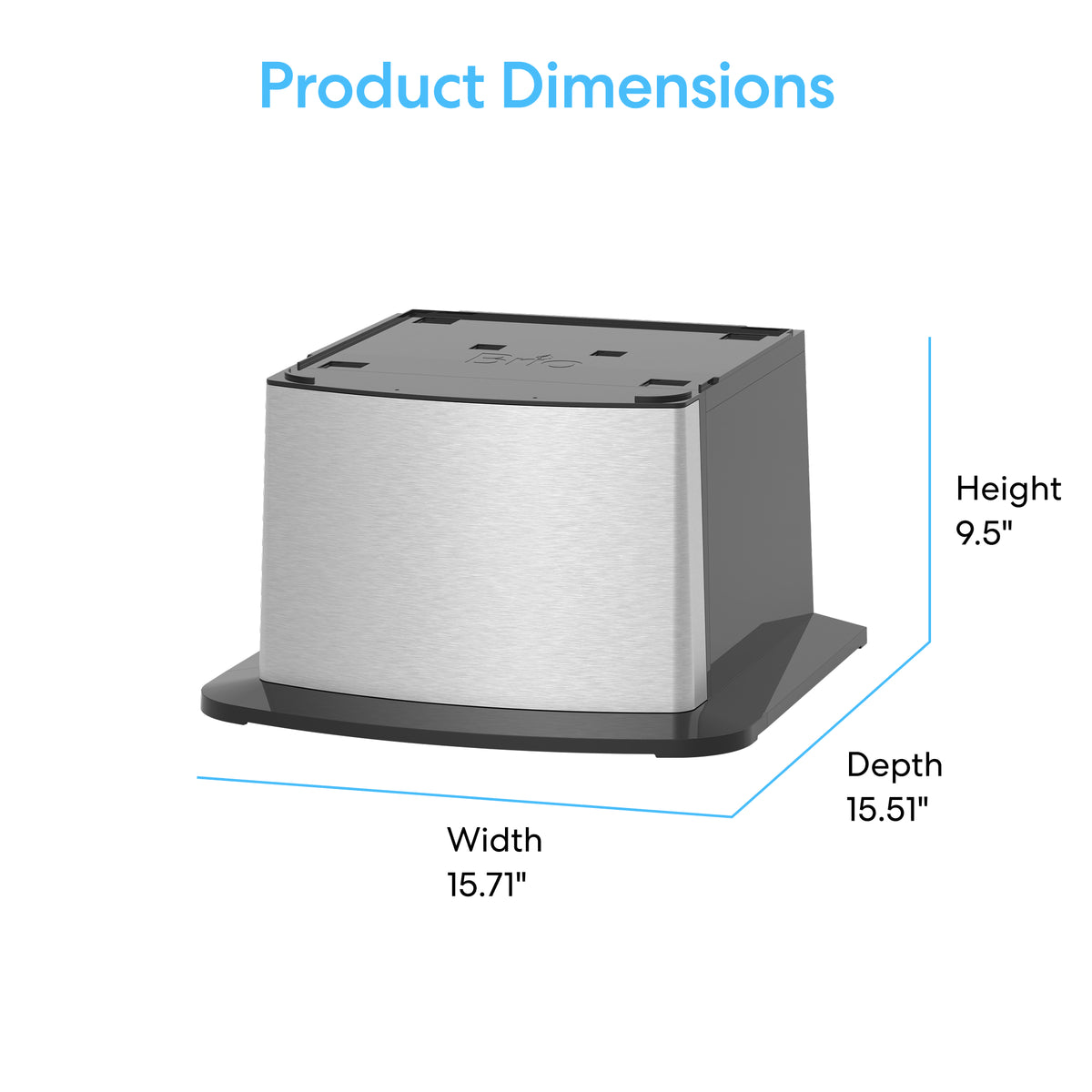 A brushed metal Water Dispenser Cooler Base - 740 Series with black accents is shown beside labeled dimensions. The image features the text "Product Dimensions" above it and suggests pairing with Brio 740 Series Water Coolers.