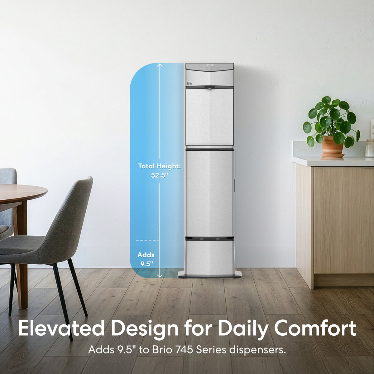 A Cooler Base for Water Dispenser - 745 Series is featured in a modern dining room with a blue overlay showing its total height of 52.5 inches and that it adds 9.5 inches. Text: Elevated Design for Daily Comfort.