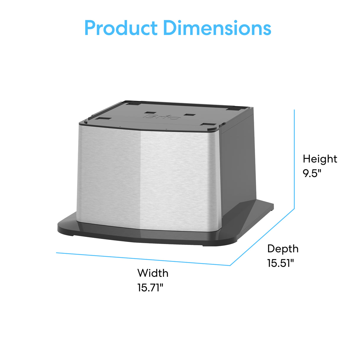 A silver and black box-shaped Cooler Base for Water Dispenser - 745 Series sits on a dark base, with labeled dimensions: height 9.5", width 15.71", depth 15.51". "Product Dimensions" appears at the top—ideal for Brio dispensers.