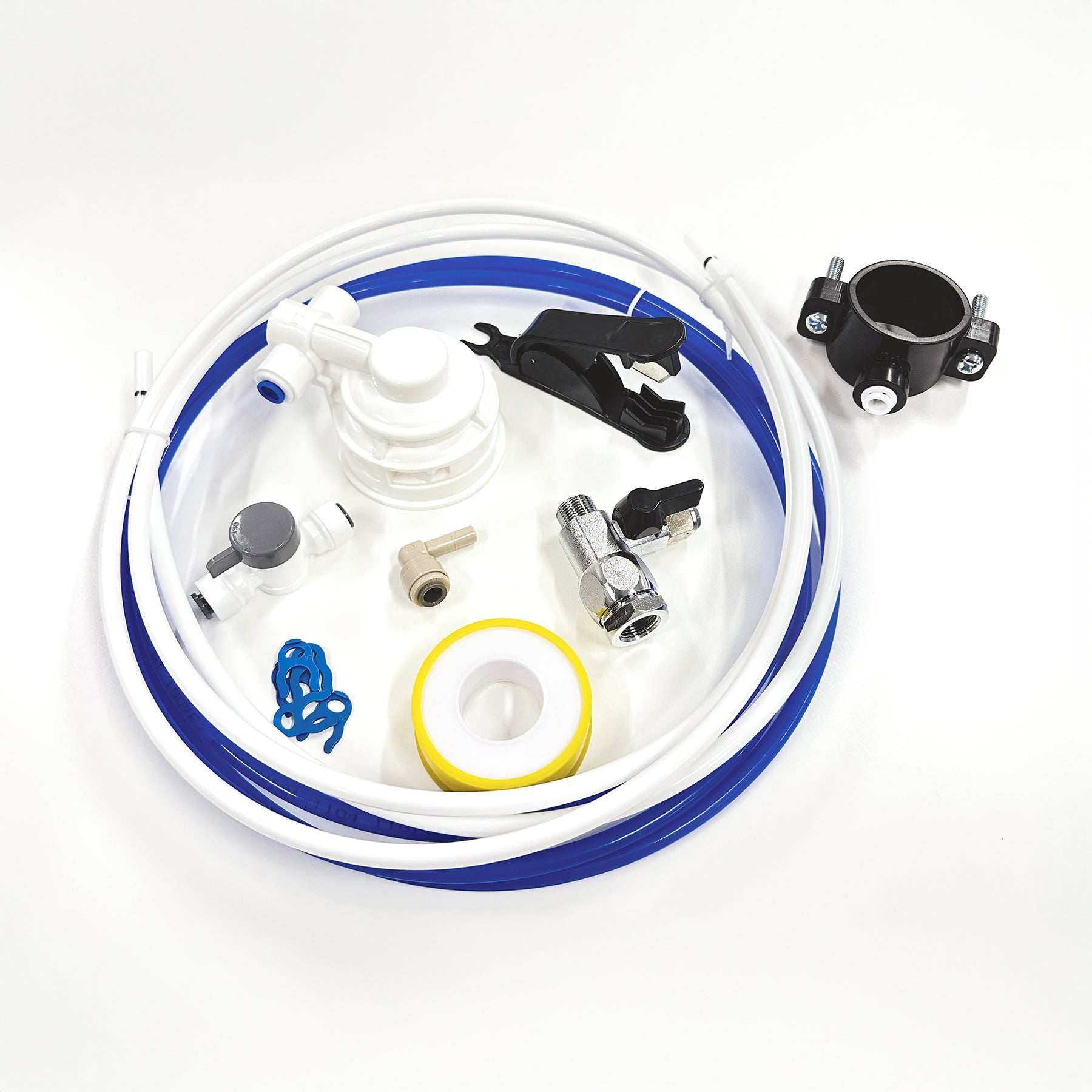The Reverse Osmosis Cooler Kit includes blue and white tubing, a plastic valve, filter adaptor connectors, Teflon tape roll, shut-off valve, tube cutter, washers, and a black mounting bracket—all displayed on a white background.
