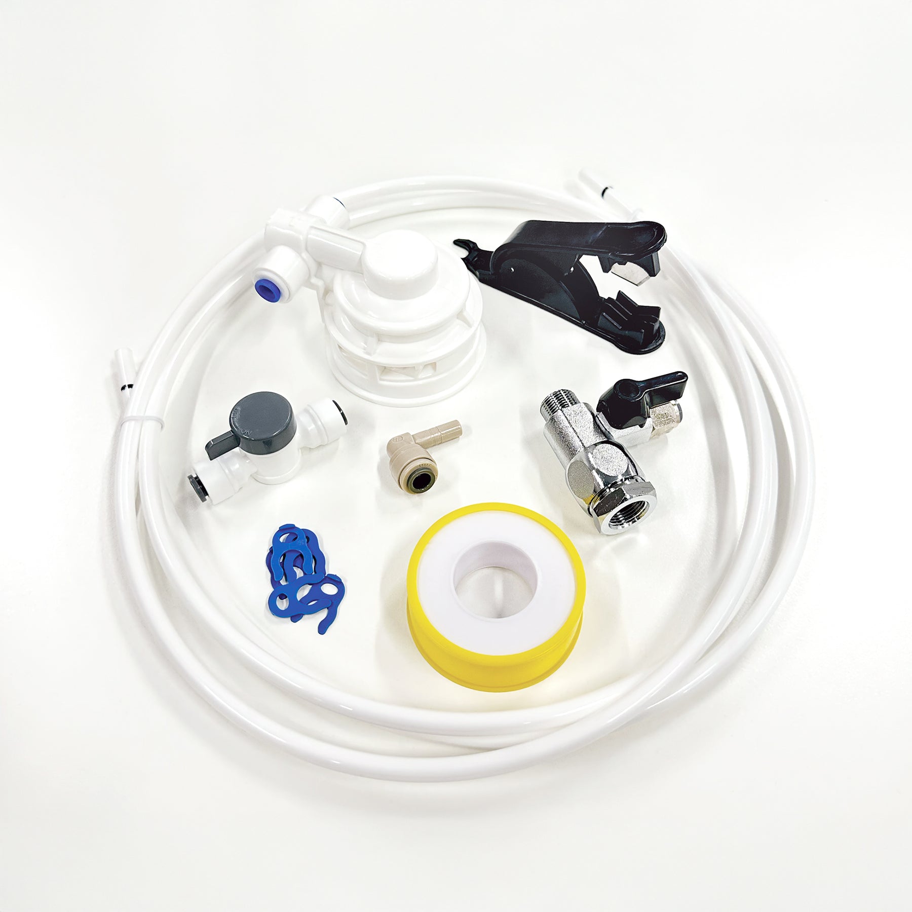 The Water Cooler POU Kit includes white tubing, yellow-and-white thread seal tape, valves, connectors, plastic washers, and a black and white tube cutter for water cooler filter installation.