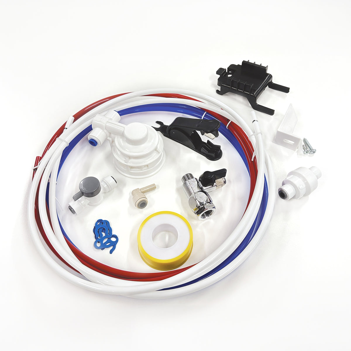The Countertop POU Water Cooler Kit includes red, blue, and white tubing, connectors, valves, tape, clips, and fittings—assorted components for easy water filter installation. All parts are displayed on a white background.