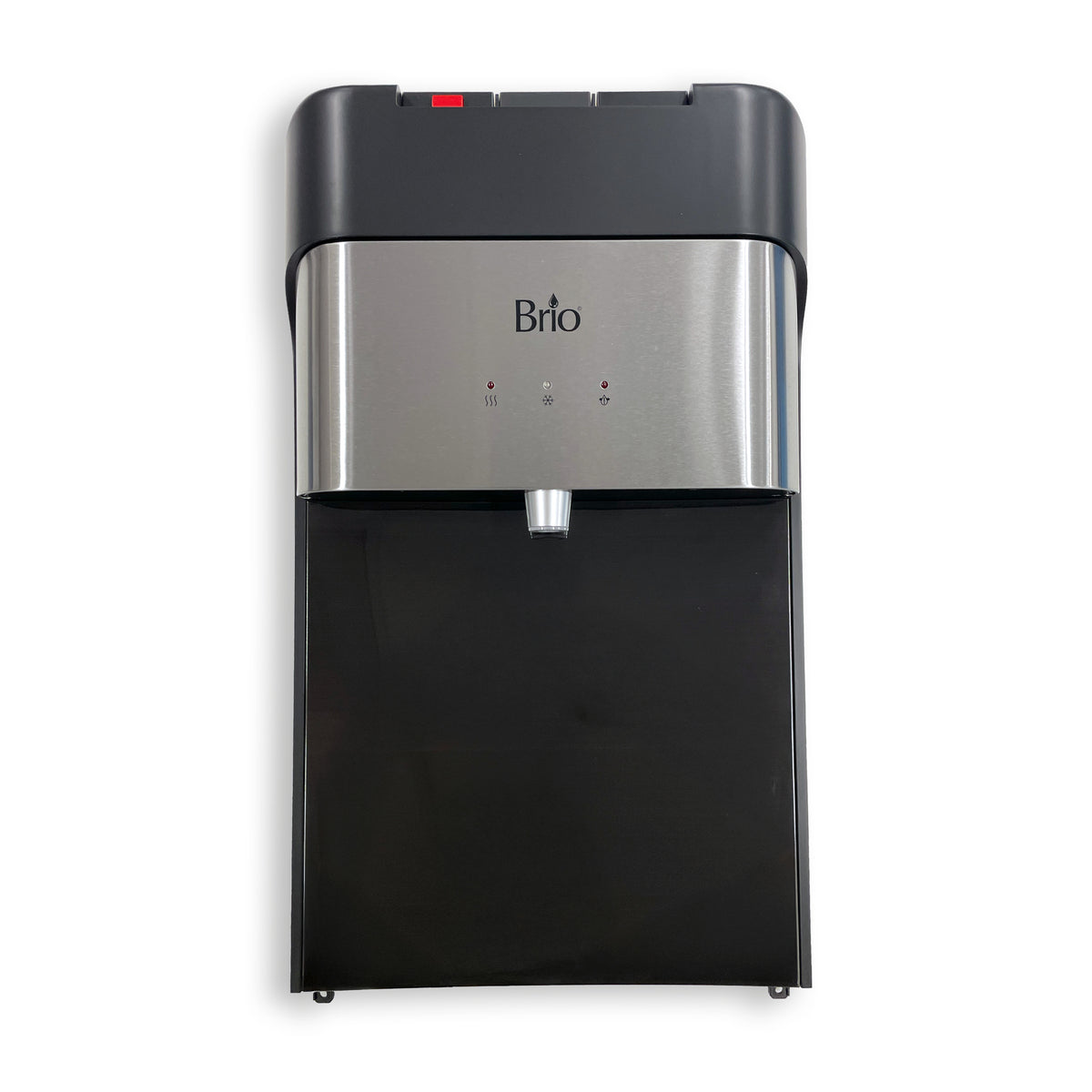 Front view of the Front Panel 430 Series Filtered Water Dispenser, featuring a stainless steel panel, three indicator lights, and one water spout—ideal for modern homes—displayed against a white background.