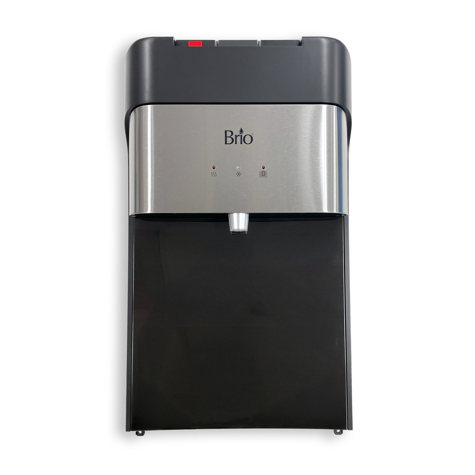 The Front Panel 430 Series Bottom Load Cooler in stainless steel and black features a single spout and indicator lights, shown wall-mounted from the front against a white background.
