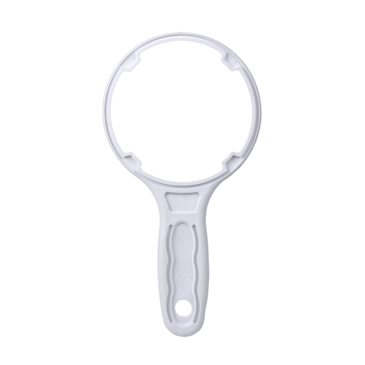 The 10 Inch White Filter Housing Wrench is a white plastic tool with a round open ring and handle, designed for easy tightening or loosening of RO filtration system housings.