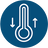 A blue circular icon featuring a white thermometer with upward and downward arrows, representing an adjustable temperature.