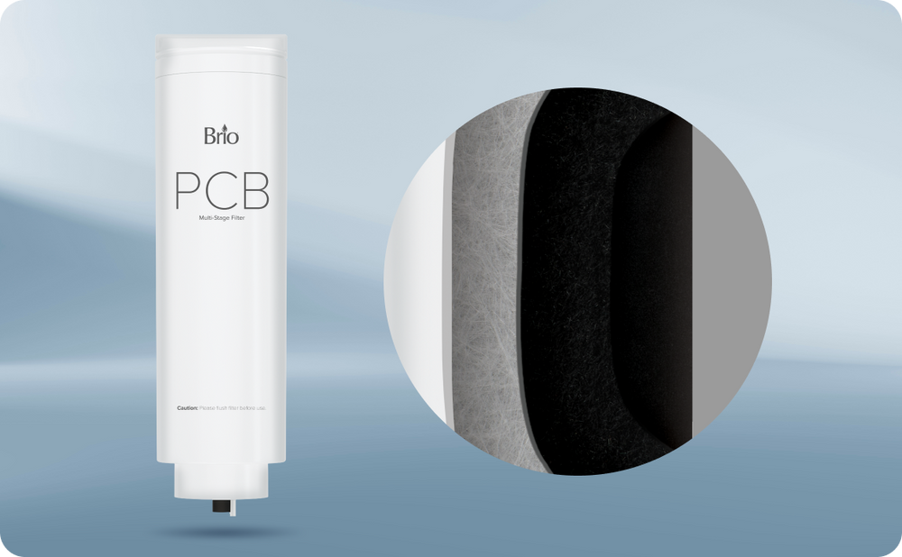 A white cylindrical Brio PCB multi-stage filter is shown on the left, with a close-up cross-section revealing its multiple internal filtration layers on the right, against a soft blue gradient background.