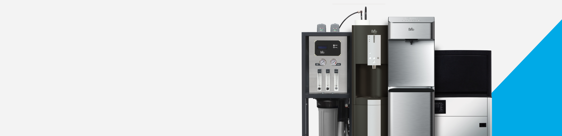 Several modern water dispensers and purification machines are lined up side by side on a white background with a blue triangle in the corner.