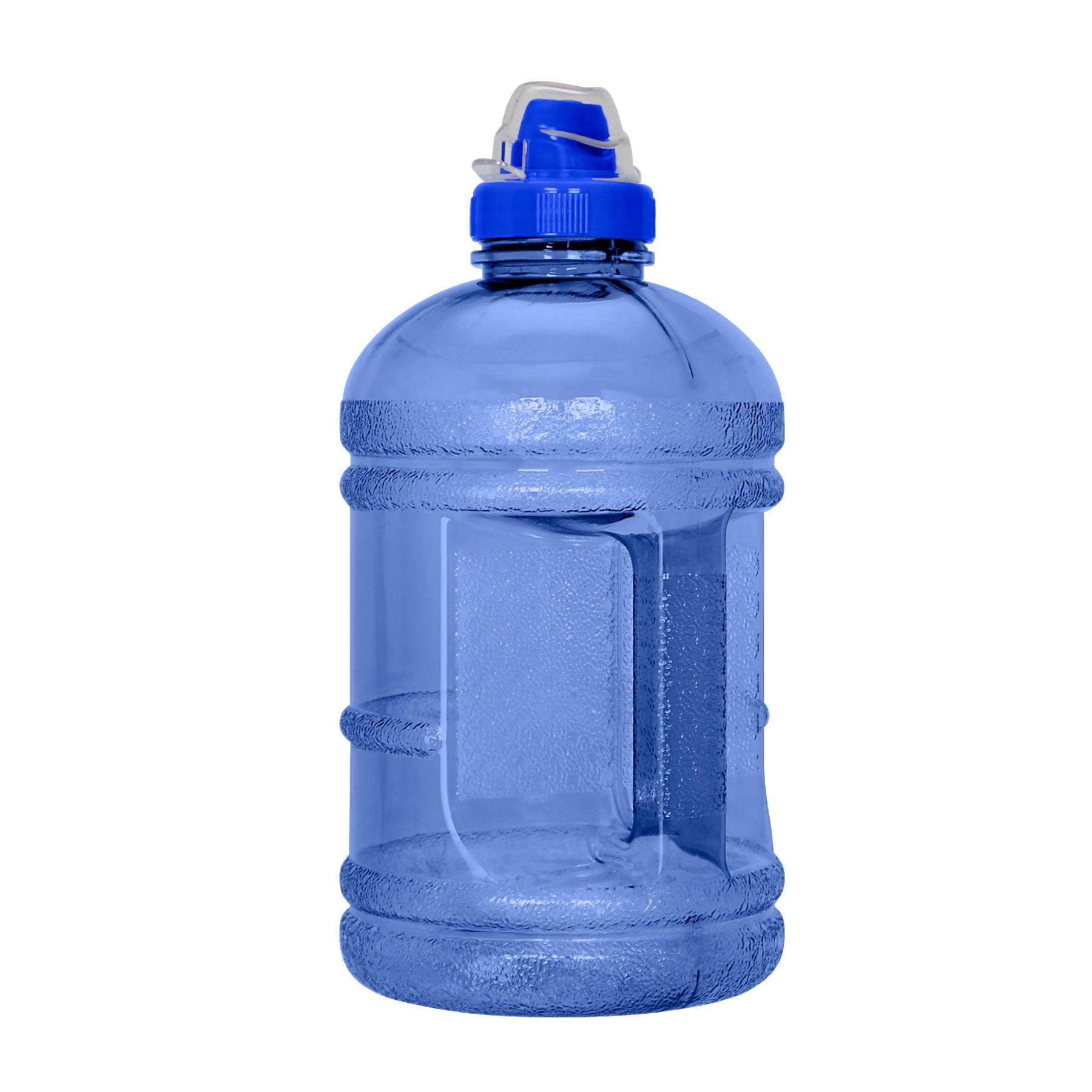 The GEO 1/2 Gallon BPA-Free Plastic Water Bottle in blue features a screw-on sports cap and built-in handle, shown upright on a white background.