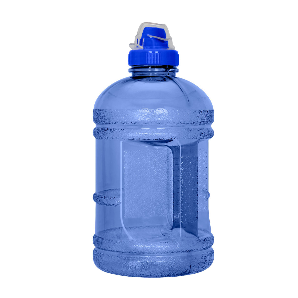 The GEO 1/2 Gallon BPA-Free Plastic Water Bottle with Sports Cap in blue is a high-capacity reusable jug featuring a convenient handle and blue sports cap, shown isolated on a white background.