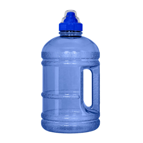 The GEO 1/2 Gallon BPA-Free Plastic Water Bottle with a blue sports cap and built-in handle is shown upright on a white background.