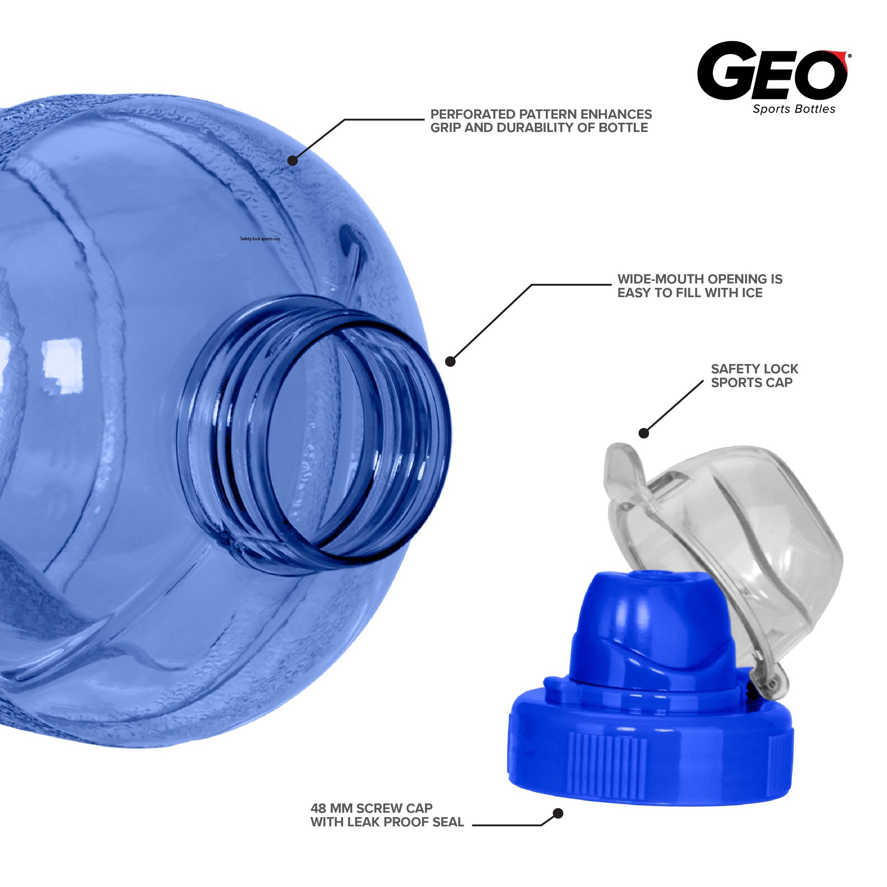 Close-up of the GEO 1/2 Gallon BPA-Free Plastic Water Bottle w/ Sports Cap in blue, featuring a wide-mouth opening, perforated grip, 48 mm screw cap with safety lock, and leak-proof seal. Text annotations highlight each feature.