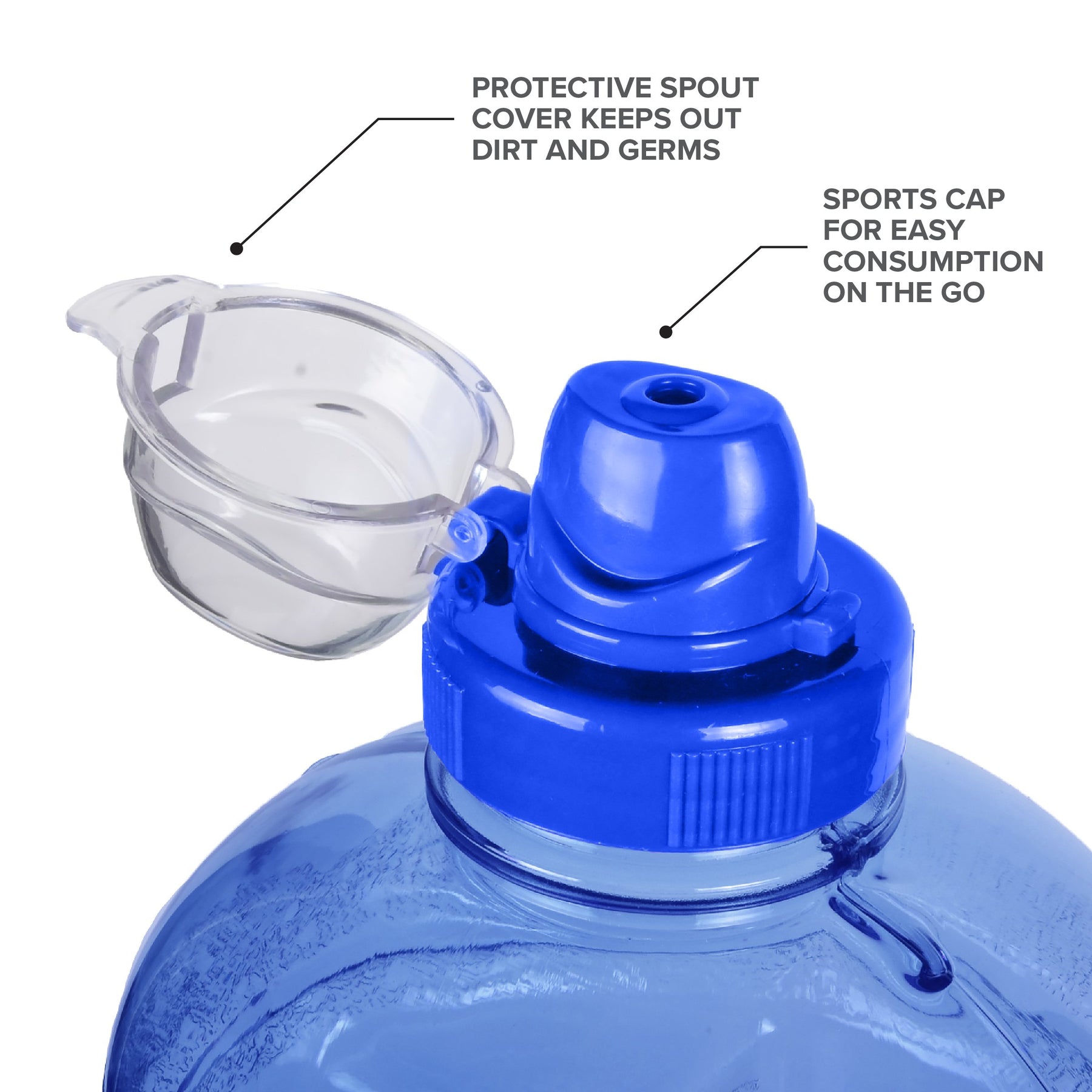A close-up of the GEO 1/2 Gallon BPA-Free Plastic Water Bottle in blue, featuring an open protective clear spout cover and blue sports cap for easy drinking. Text notes the spout cover keeps out dirt and germs.