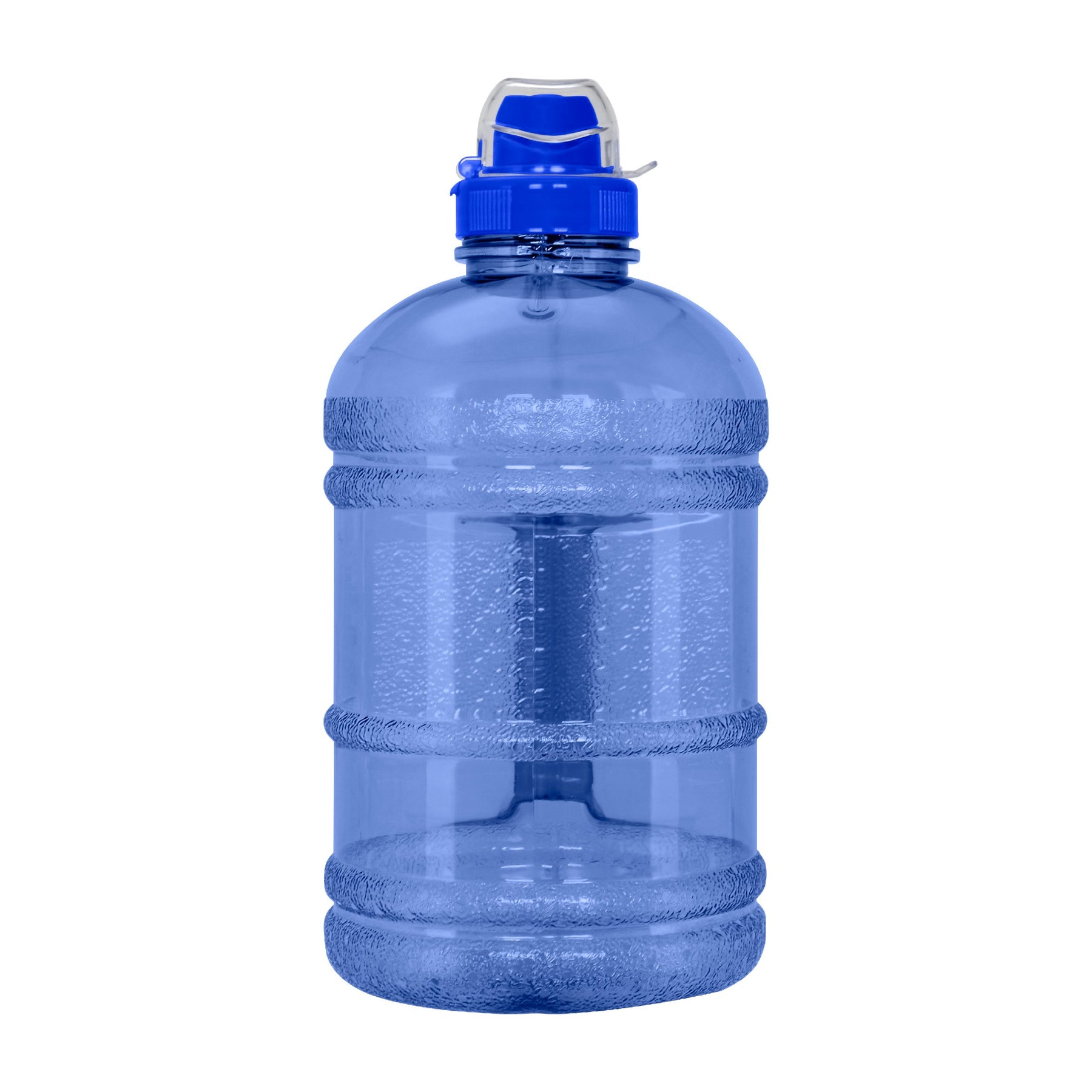 The GEO 1/2 Gallon BPA-Free Plastic Water Bottle with a blue sports cap and built-in white handle is shown upright on a white background.