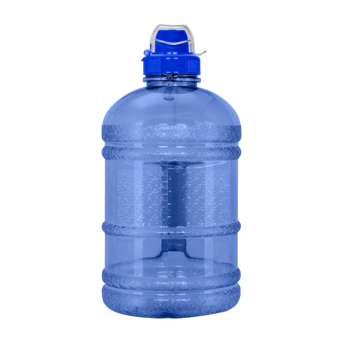 A GEO 1/2 Gallon BPA-Free Plastic Water Bottle with Sports Cap in blue, featuring a white and blue screw-on cap with handle, isolated on a white background.