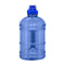 A GEO 1/2 Gallon BPA-Free Plastic Water Bottle with Sports Cap in blue, featuring a white and blue screw-on cap with handle, isolated on a white background.