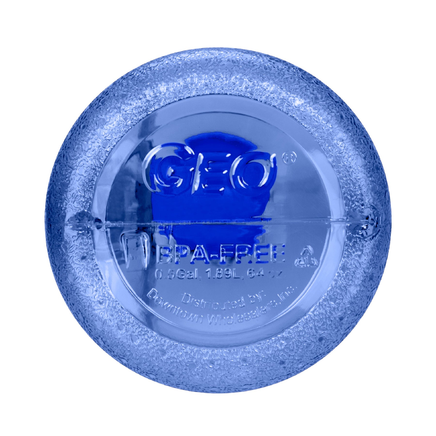 A top view of the GEO 1/2 Gallon BPA-Free Plastic Water Bottle’s round, blue-tinted PET lid shows "GEO" and "BPA FREE" embossed on it, with condensation visible around the edges.