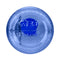 A close-up, top-down view of the blue GEO 1/2 Gallon BPA-Free Plastic Water Bottle’s clear, round sports cap—featuring measurement markings, textured edges, and labeled “GEO” and “BPA FREE”—on a white background; ideal for high-capacity hydration needs.