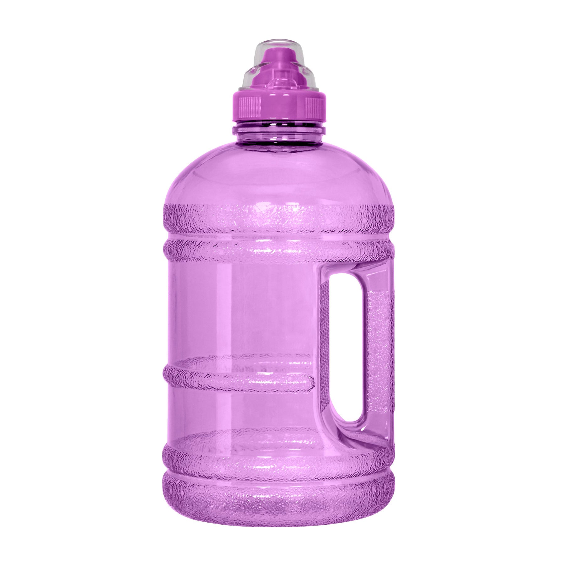 The GEO 1/2 Gallon BPA-Free Plastic Water Bottle w/ Sports Cap in purple is large, transparent, features a textured grip, side handle, and a screw-on sports cap; made from PET plastic and is reusable.