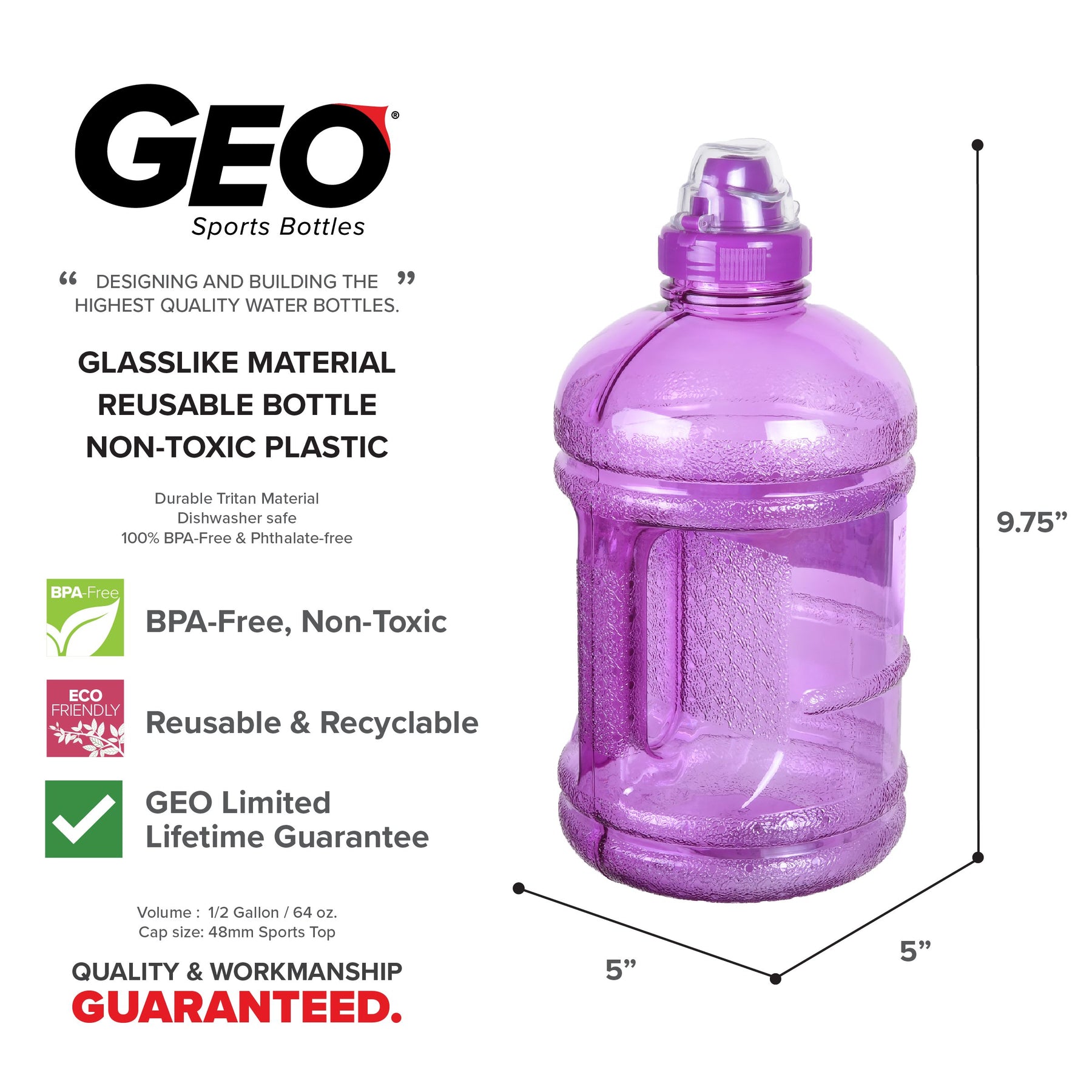 The GEO 1/2 Gallon BPA-Free Plastic Water Bottle w/ Sports Cap in purple is reusable PET plastic, eco-friendly, non-toxic, dishwasher-safe, with a handle and flip-top cap; measures 9.75"H x 5"W/D and holds 64 oz.