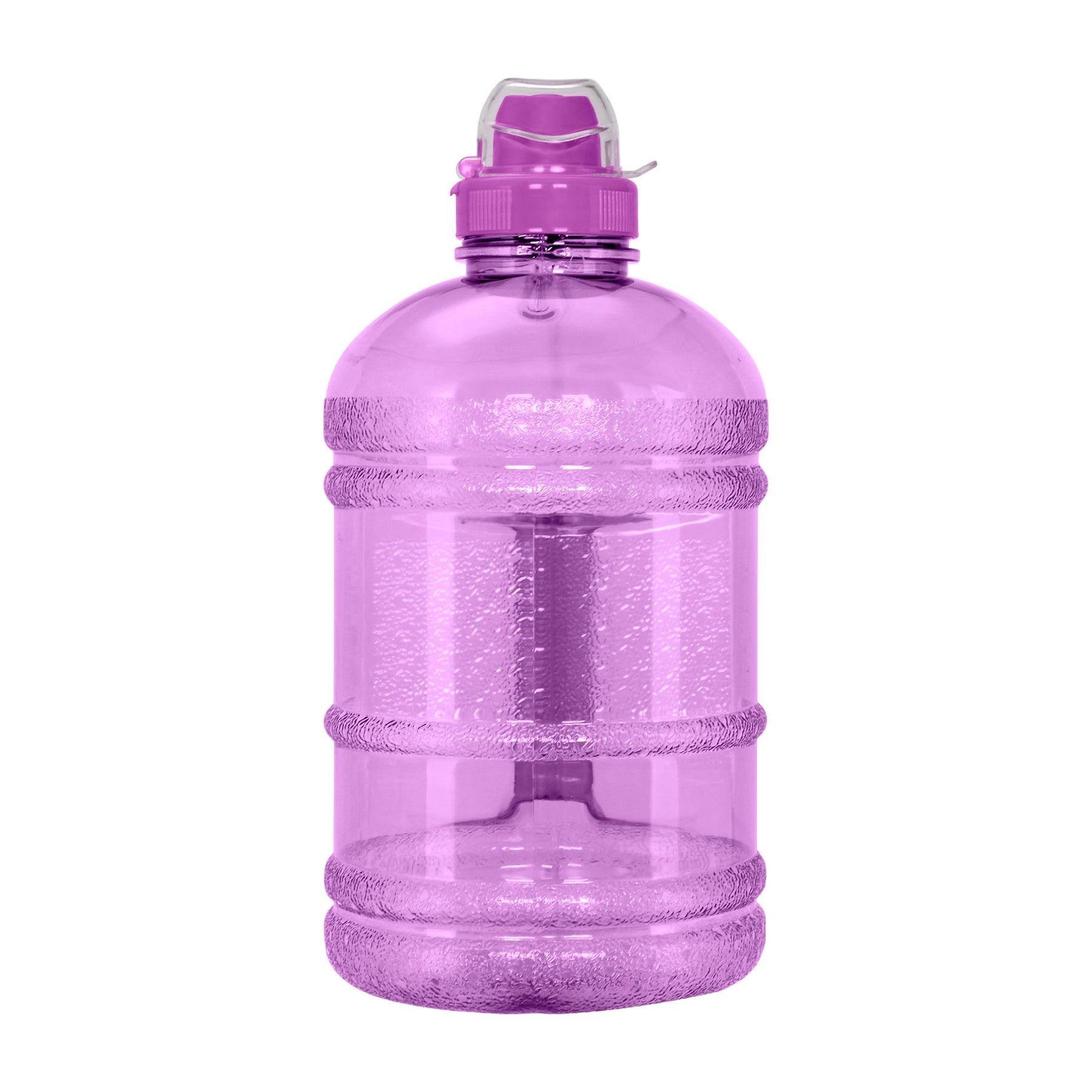 The GEO 1/2 Gallon BPA-Free Plastic Water Bottle with Sports Cap in purple features textured grip bands, a screw-on lid with a flip-top spout, and is made from transparent PET plastic. It stands empty and upright against a white background.
