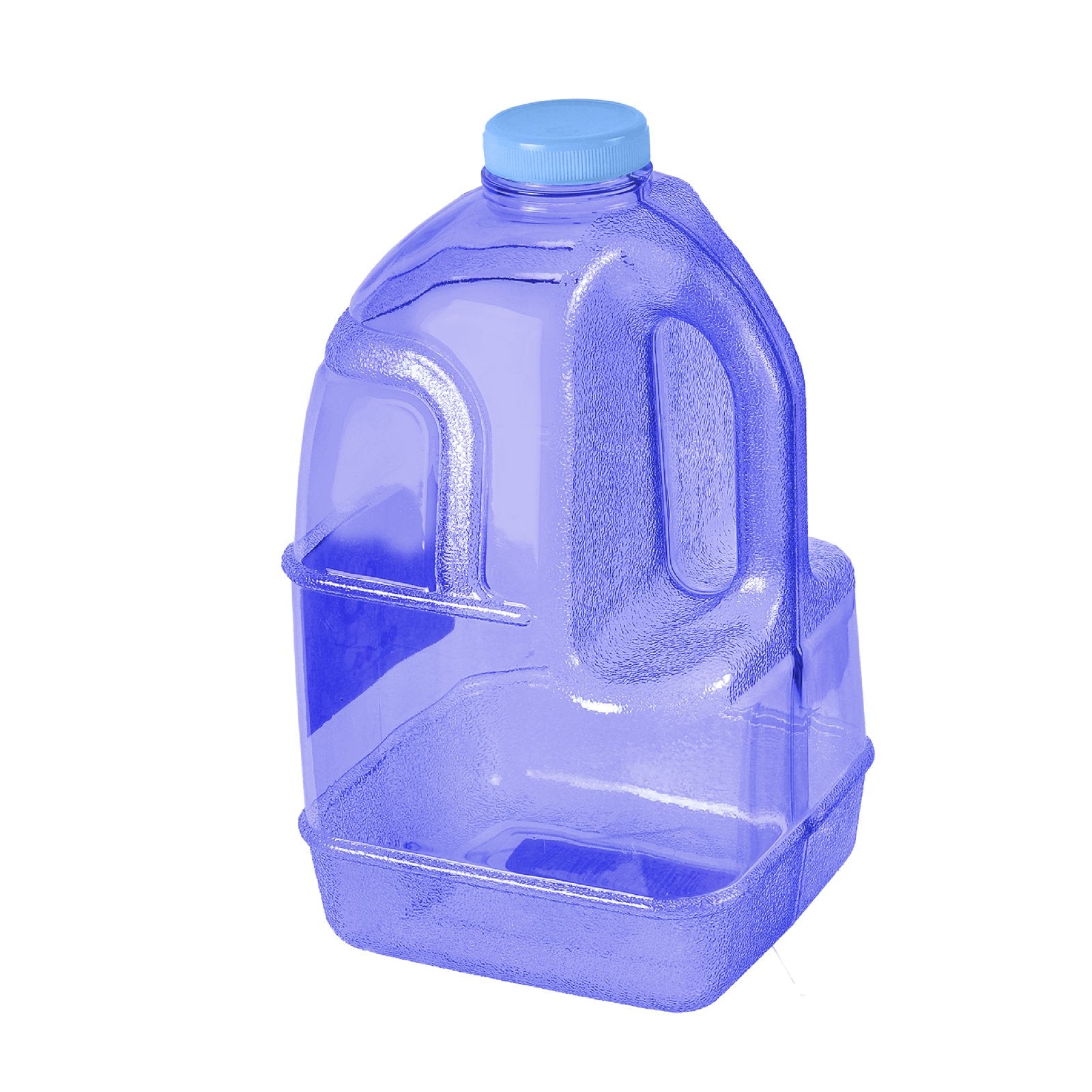 The 1 GALLON BPA FREE JUICE BOTTLE, DARK BLUE (SKU: BT110JBADB) is a reusable, blue-tinted plastic jug with a built-in handle and screw-on cap, shown upright and empty against a white background.