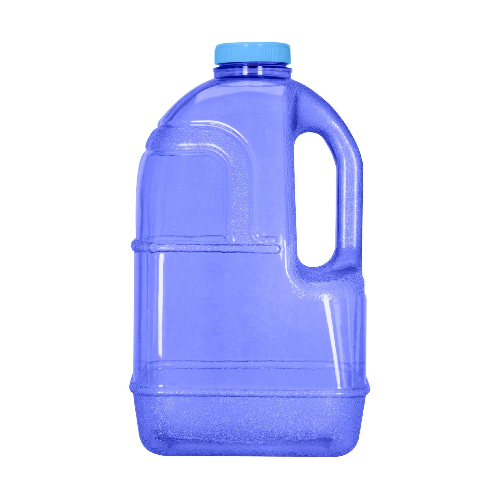 The 1 GALLON BPA FREE JUICE BOTTLE in dark blue (SKU: BT110JBADB) features a right-side handle and a light blue screw-on cap, making it a perfect reusable water bottle. Set against a white background.