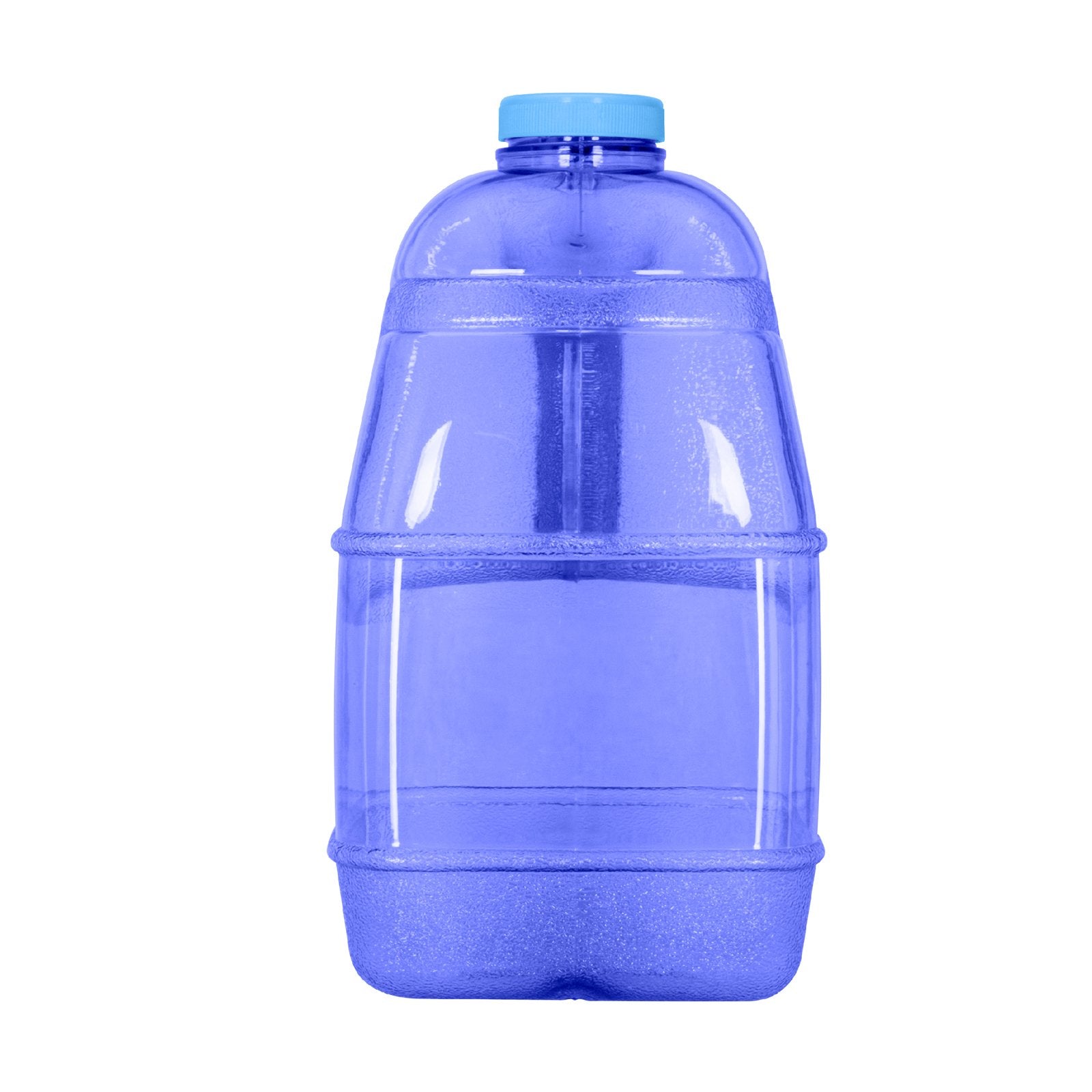 The 1 GALLON BPA FREE JUICE BOTTLE, DARK BLUE (SKU: BT110JBADB) is a large, reusable bottle with a blue cap and horizontal ridges, shown empty against a white background.