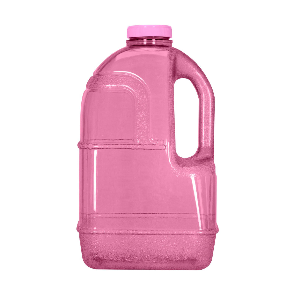 The 1 Gallon BPA Free Juice Bottle, Pink (SKU: BT110JBAPK) features a translucent pink design with a right-side handle and matching pink cap—ideal as a reusable water or refrigerator bottle.