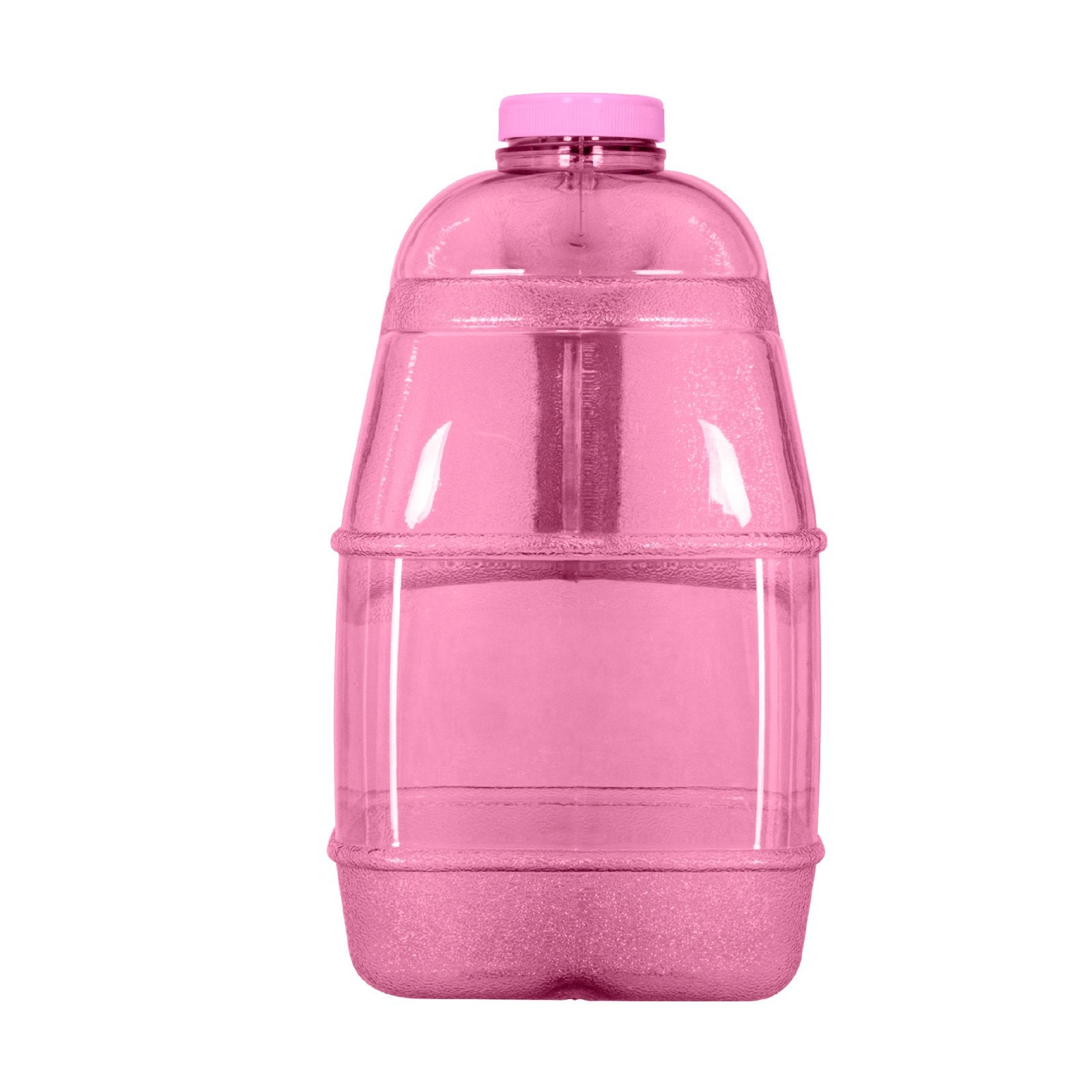 The 1 Gallon BPA Free Juice Bottle in pink (SKU: BT110JBAPK) is shown upright on a white background. This empty, reusable bottle features a matching pink cap and horizontal ridges around its body.